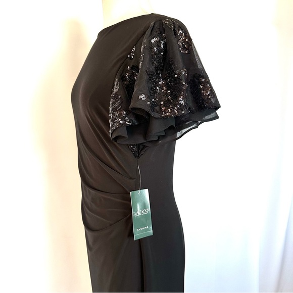 LAUREN RALPH LAUREN EVENING BLACK EMBELLISHED FLUTTER SLEEVE PARTY DRESS NWT 10 - Picture 9 of 14